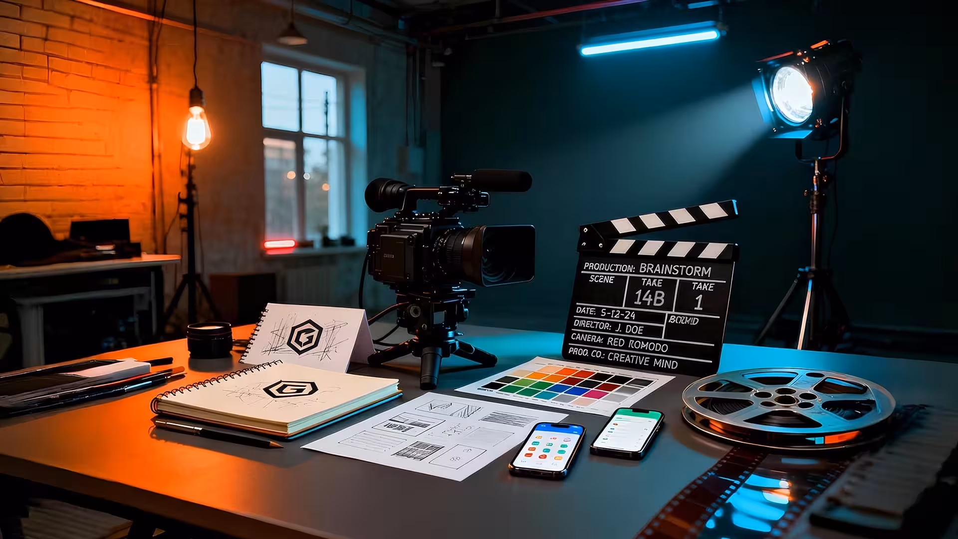 Hero image of creative workspace showing branding, graphic design, and video production tools